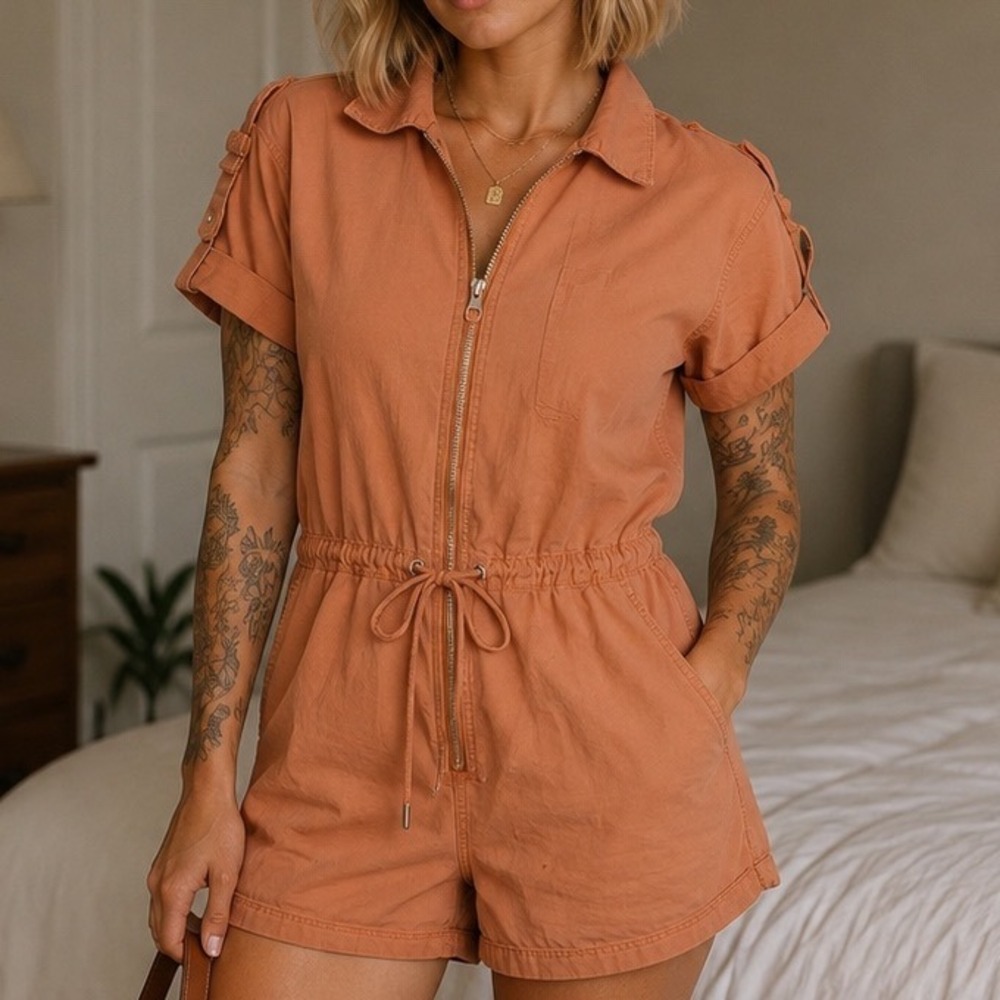 Pistola Womens Short Sleeve Zip Front Utility Romper Drawstring Orange Size S
